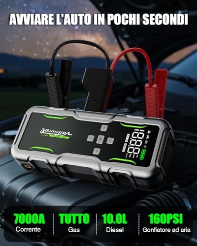  Car Jump Starter con Compressore 160PSI e Booster 7000A per Automobili e Motorbike, Batteria Starter 12V col Lampadino 