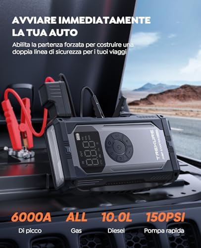  TREKURE 5500A Emergency Car Jump Starter con Comprimiare, Ideale per Tutti i Motori a Benzina o Diesello 10L, con Torci