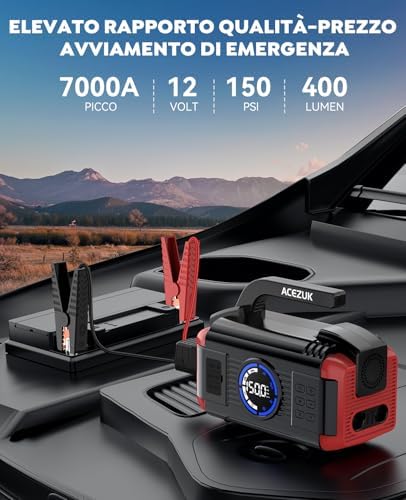  ACEZUK 7000A 150PSI Saltatarro con Compressore per Vehicoli 11 in 1 con Pompino d'Istruzione e Deflazione 12V
| Saltata