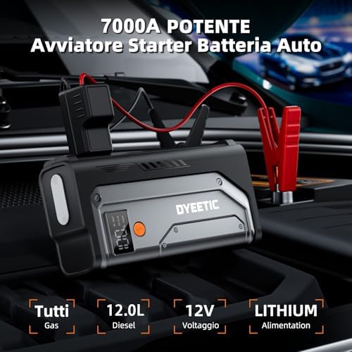 Battery Italiana 7000A 26800 mAh Saltatore d'Accensione Emergenza per Veicoli a 12 V o Motorini con Torcia LED e Cavi di