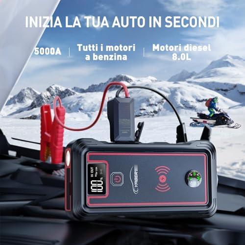  **YABER Car Battery Starter con Wireless Charger Emergency Jump Starter 23800 mAh (Gas/Diesel 8.0L) con Torcia e Sicure