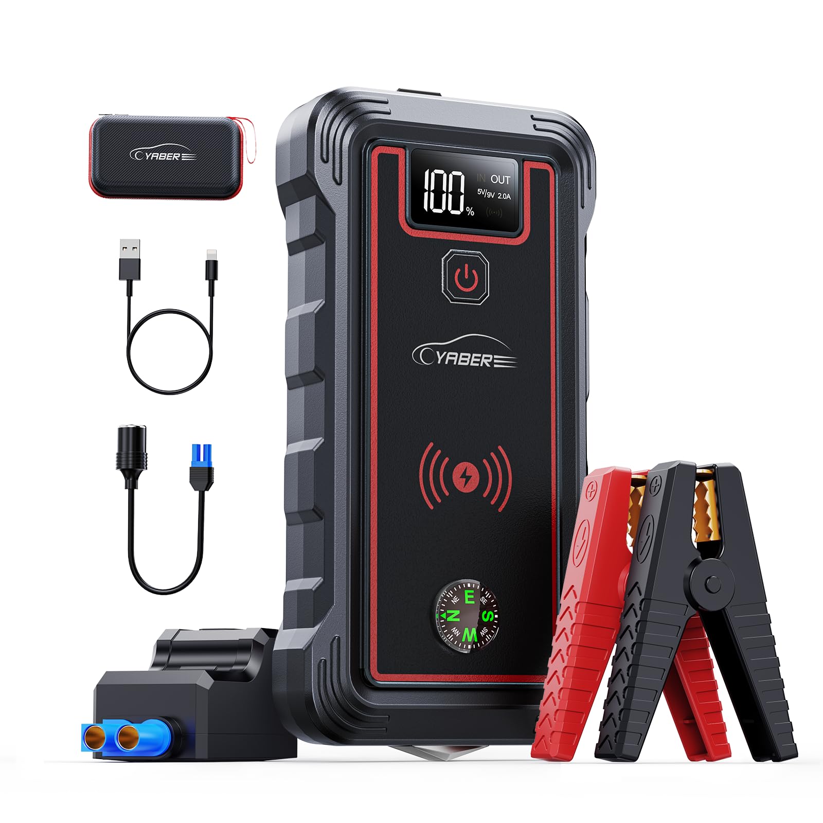  **YABER Car Battery Starter con Wireless Charger Emergency Jump Starter 23800 mAh (Gas/Diesel 8.0L) con Torcia e Sicure