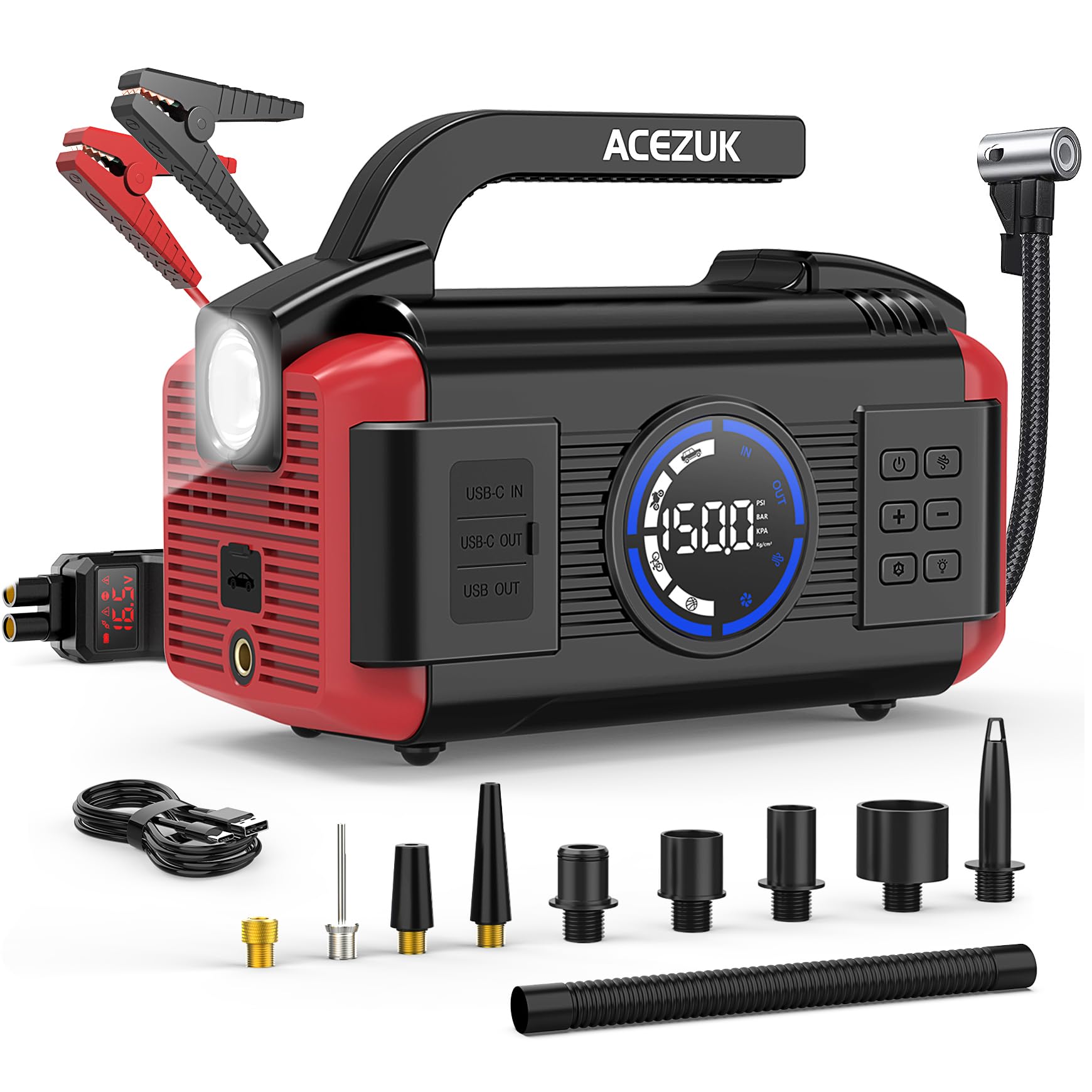  ACEZUK 7000A 150PSI Saltatarro con Compressore per Vehicoli 11 in 1 con Pompino d'Istruzione e Deflazione 12V
| Saltata