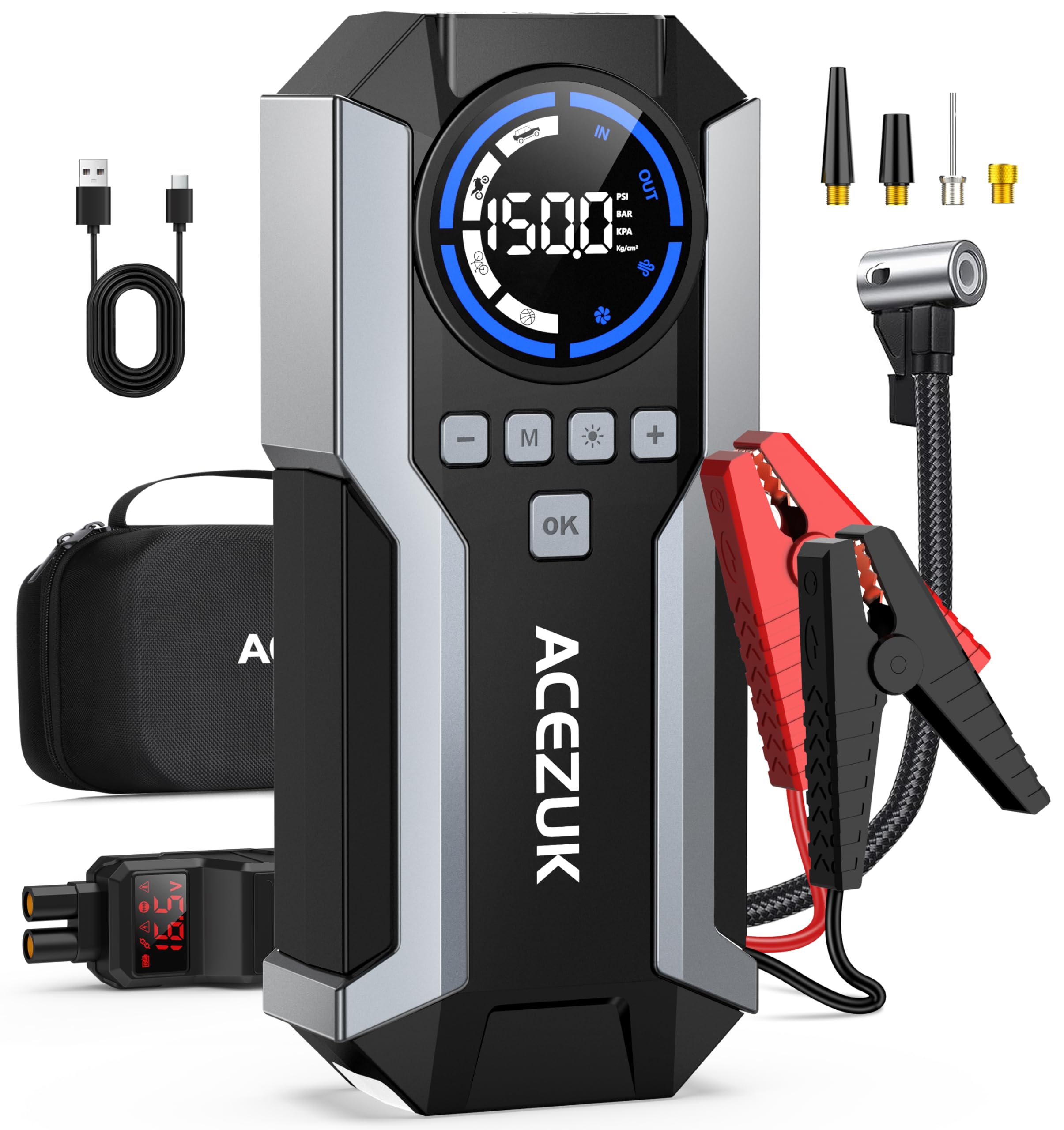 ACEZUK Power Bank - High Capacity 6000A Jump Starter, LED Lumiera e Tanaglio, Per Uso Esterno